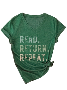 Detail of heather green V-neck T-shirt featuring side knot and READ RETURN REPEAT print