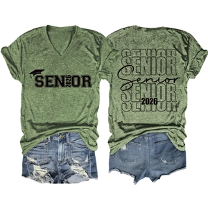 Ensemble t-shirt col V vert chiné et short en jean pour femme imprimé Senior 2026