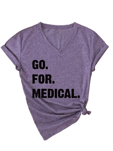 Close-up of heather purple V-neck T-shirt with GO FOR MEDICAL print and side knot detail
