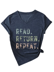 Detail of V-neck T-shirt with Read Return Repeat print and decorative side knot design