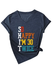 Detail of V-neck heather navy tee with SO HAPPY I'M 30 TWICE print and side knot