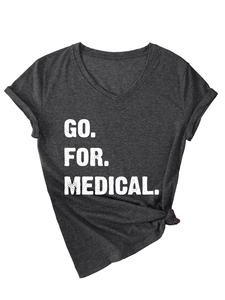 Detail of dark grey V-neck T-shirt with GO FOR MEDICAL print and side knot detail