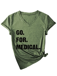 Detail of green V-neck T-shirt with GO FOR MEDICAL print and front hem knot design
