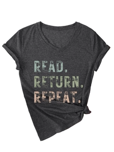 Detail of grey V-neck T-shirt with Read Return Repeat letter print and side knot design