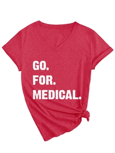 Detail of red V-neck T-shirt with GO FOR MEDICAL text and decorative side knot