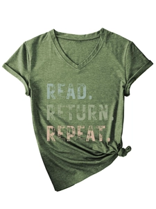 Close-up of olive green V-neck T-shirt featuring Read Return Repeat text and side knot