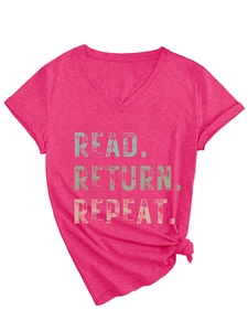 Detail of V-neck T-shirt in rose red with Read Return Repeat print and side knot