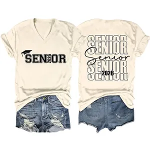 T-Shirt Femme Col En V Manches Courtes Senior 2026 Graduation Imprimé Lettres Coupe Ample Mélange Coton Hauts