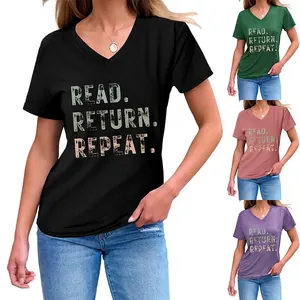 Women V Neck Short Sleeve T-Shirt Cotton Blend Slogan Print Side Knot Hem Casual Summer Loose Top