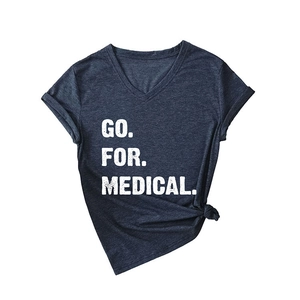 Women's V-neck t-shirt in navy gray texture with medical print and knotted hem