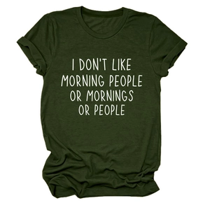 Detail of dark green cotton T-shirt featuring white slogan print and crew neck design