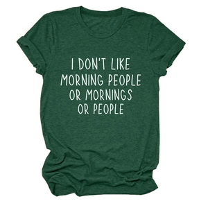 Detail of rolled cuffs and white slogan print on a forest green crew neck cotton t-shirt