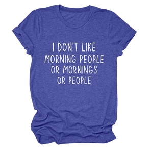 Detail of dark purple marl t-shirt featuring 'I don't like morning' white graphic text