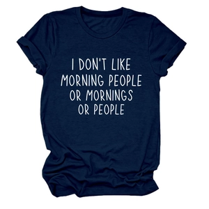 Close-up of white text print on navy blue cotton round neck short sleeve t-shirt