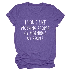 Detailed flat lay of purple heather t-shirt with I Don't Like Morning People slogan