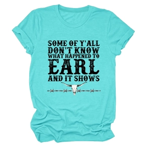 Detail of the graphic print and teal fabric on this casual short sleeve women's t-shirt