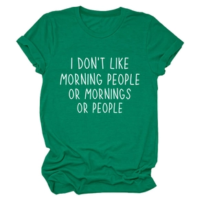 Detail of cotton fabric texture and slogan print on dark green short sleeve T-shirt