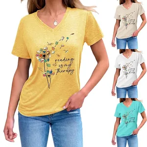 T-shirt Femme Col En V Manches Courtes Mélange De Coton Reading Is My Therapy Livre Pissenlit Graphique Imprimé Haut Décontracté