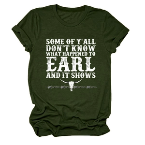 Detail of army green crewneck t-shirt with vintage white graphic and bull skull print