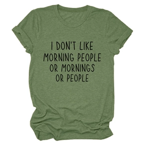 Detail of army green crewneck t-shirt with funny text print on high quality cotton