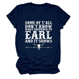 Detail of navy cotton T-shirt featuring vintage slogan print and bull skull graphic
