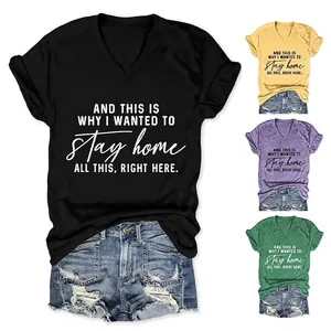 Women T-Shirt V Neck Short Sleeve Cotton Blend Casual Loose Letter Print Knot Hem Versatile Summer Top For Ladies