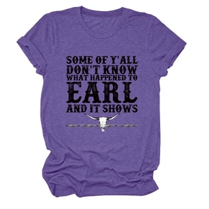 Macro detail of the bull skull graphic and vintage text print on purple cotton t-shirt