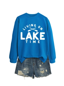 Close-up of Living On Lake Time lettering and oar graphic on blue casual sweatshirt