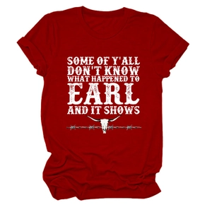 Deep red crewneck T-shirt featuring vintage bull skull and barbed wire graphic print