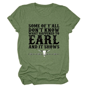 Close-up of olive green t-shirt with retro bull skull print and vintage typography text