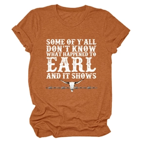 Detail of rust red heather t-shirt with retro text and longhorn skull graphic print