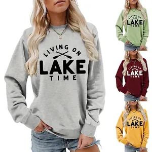 Women Crewneck Sweatshirt Cotton Blend Loose Fit Graphic Pullover Casual Long Sleeve Living On Lake Time Top Vintage