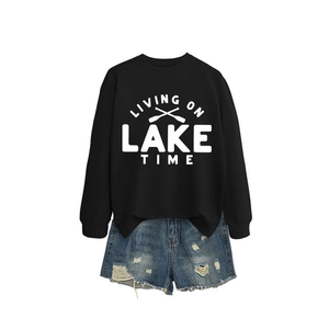 Casual black sweatshirt with 'Living on Lake Time' print and ripped denim shorts outfit set