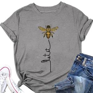 Detail of Let it Be honey bee print on a grey cotton t-shirt with rolled sleeves