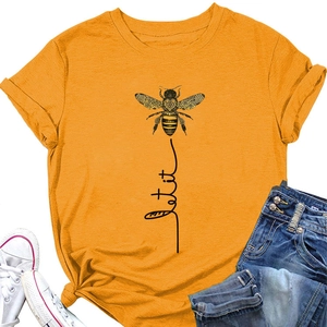 Flat lay of ginger cotton T-shirt featuring bee print and Let it be script detail