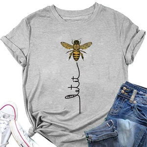 Detail of grey Let it be bee print t-shirt with rolled sleeves and cotton fabric texture