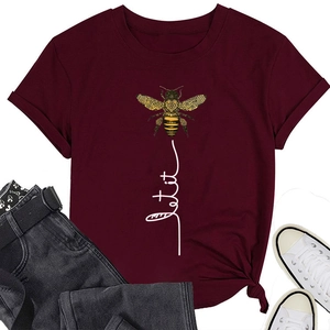 Detail of burgundy Let it be bee T-shirt with mandala wings and casual knot styling