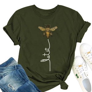 Detail of bee graphic and Let it be text print on a green cotton crewneck T-shirt