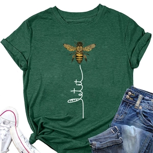 Close-up of Let it Be honey bee print on dark green cotton t-shirt with knotted hem