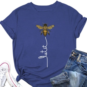 Detail of Let It Bee slogan and bee mandala print on a navy cotton T-shirt