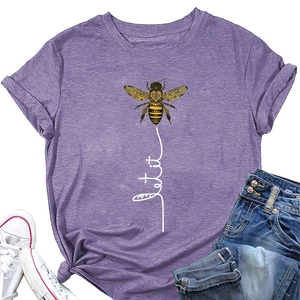 Close-up of Let it Be bee print on purple cotton t-shirt with rolled cuff detail