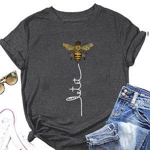 Flat lay of charcoal grey bee t-shirt with sunglasses, sneakers and denim jeans