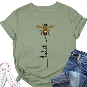 Detailed flat lay of sage green T-shirt with bee illustration and Let it be text design