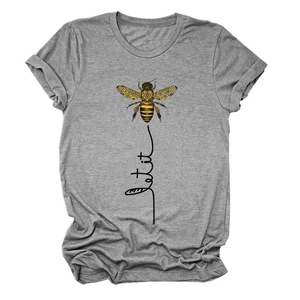 Detail of grey crewneck T-shirt showing honeybee graphic and let it be text print