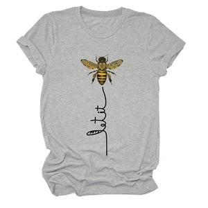 Detail of Let it be bee print on grey cotton t-shirt with soft crew neck and fine knit texture