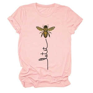 Detail of pink cotton T-shirt featuring a gold bee graphic and let it be cursive text