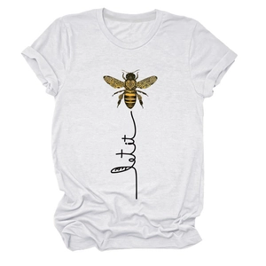 Detailed view of bee graphic and let it lettering on white cotton crewneck t-shirt