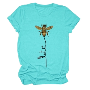 Close-up of a mint green cotton T-shirt featuring a bee and let it be graphic print