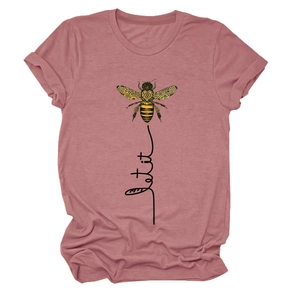 Detail of Let It Bee honeybee print and rolled sleeves on pink cotton t-shirt