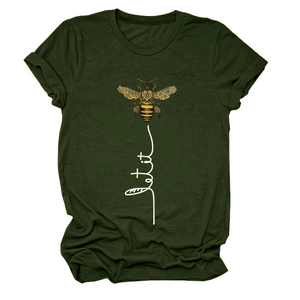 Detail of Let it Bee print and realistic bee graphic on dark green cotton T-shirt
